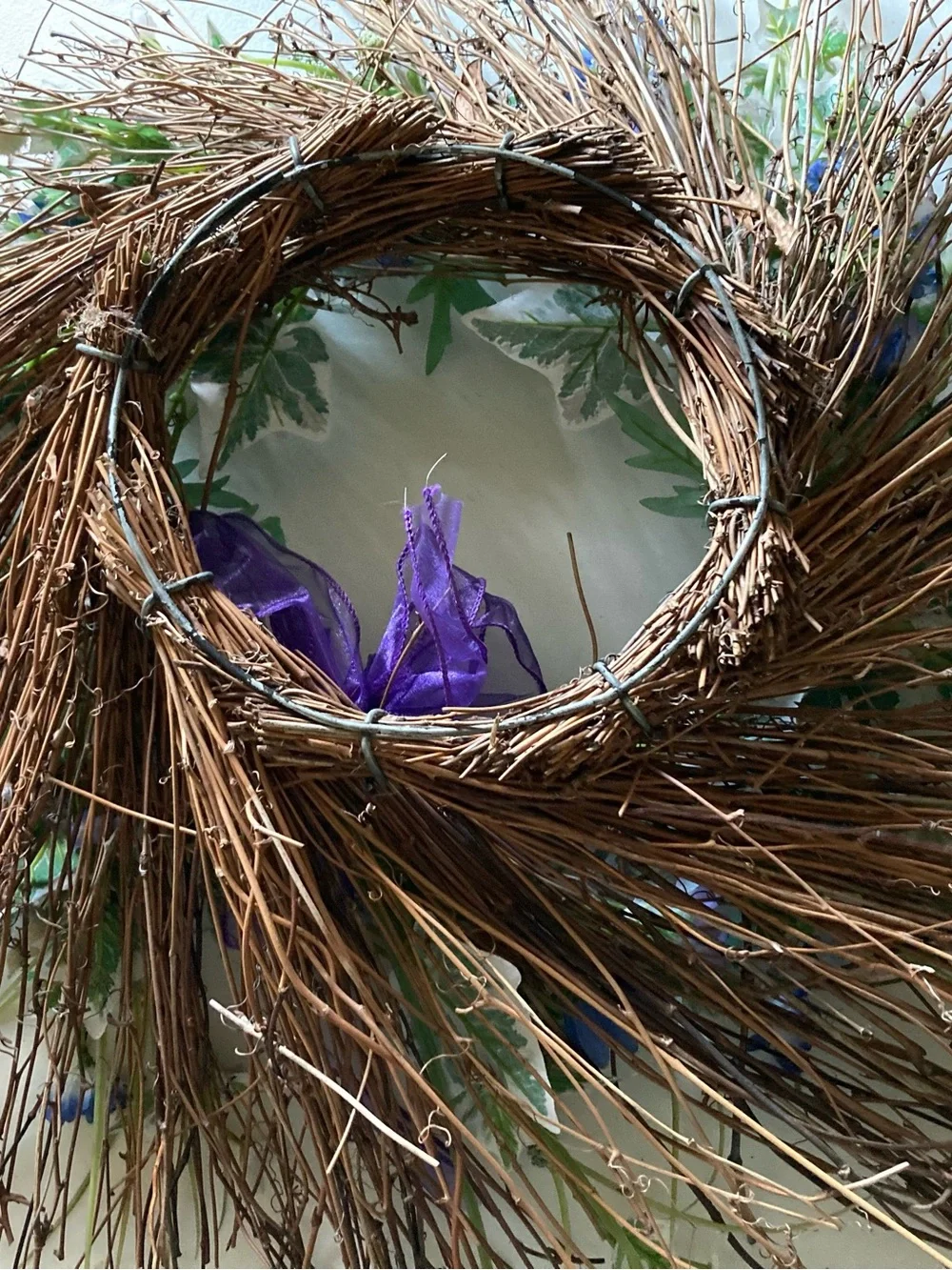 Twig Ivy Wreath Blue Flowers Greenery Purple Bow Floral Door Decor 24” Wide